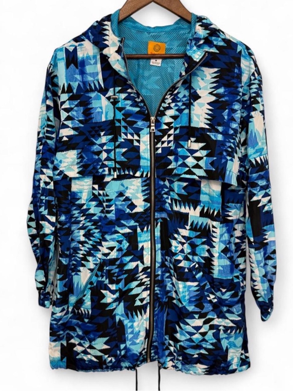 Ruby Rd. Blue Geometric Pattern Full-Zip Hooded Utility Windbreaker Jacket Sz M